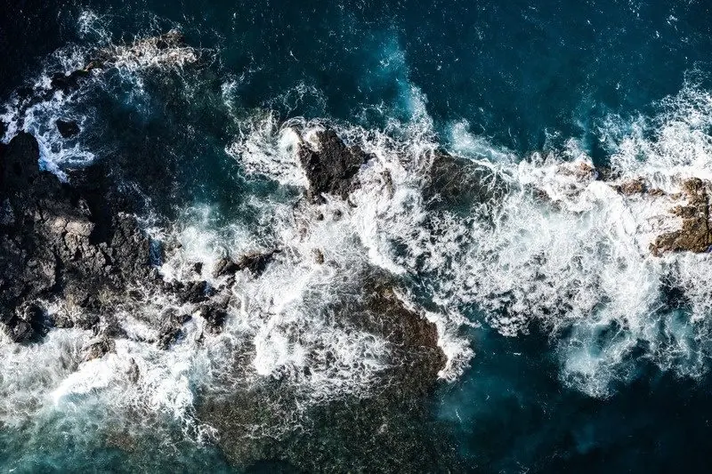 Whitewater on lava rock seen from above